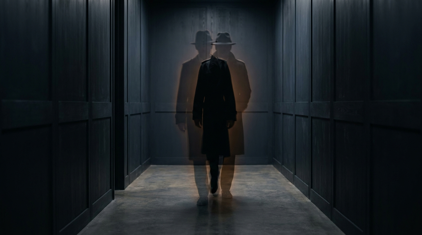Two anonymous silhouettes in a dim corridor whose outlines blur together, suggesting mistaken identity