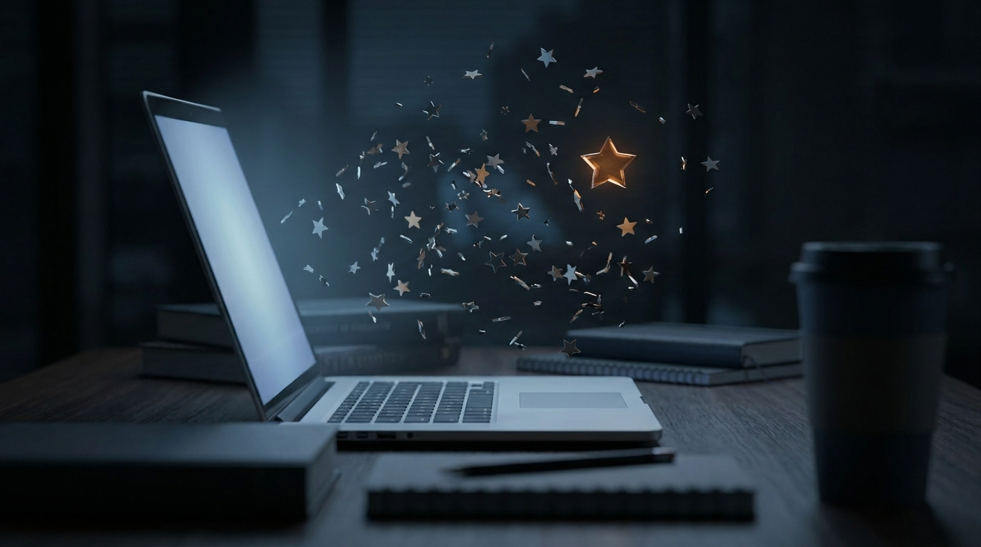 Scattered one-star shapes floating above a laptop on a dark desk, symbolizing a sudden wave of negative reviews