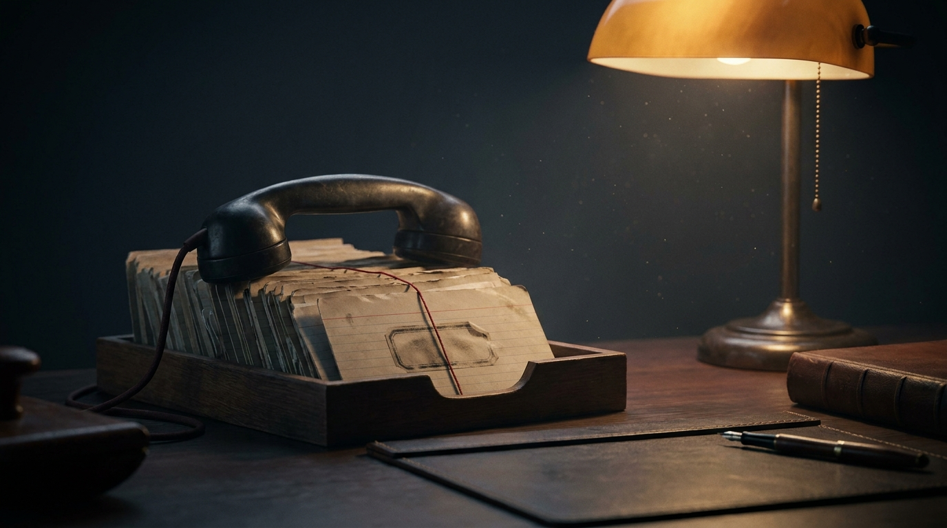 Old telephone handset resting on a stack of misfiled index cards, one card pulled out showing the wrong name