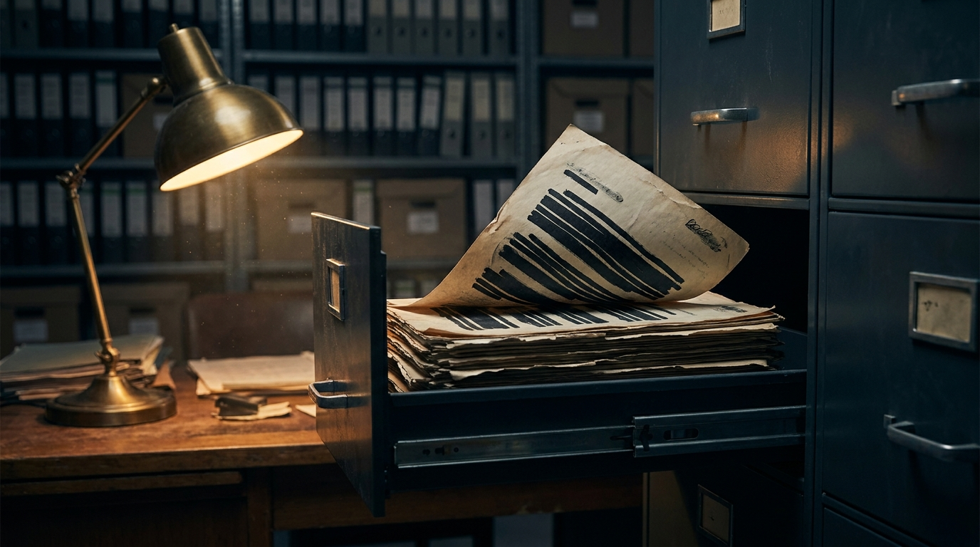 Open archive drawer holding a stack of heavily redacted documents, with one page lifting slightly out